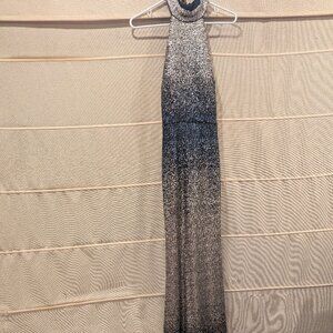 Betsy and Adam Long Sequins Gown with Halter Neck Sleeveless Blue/Silver Size 8